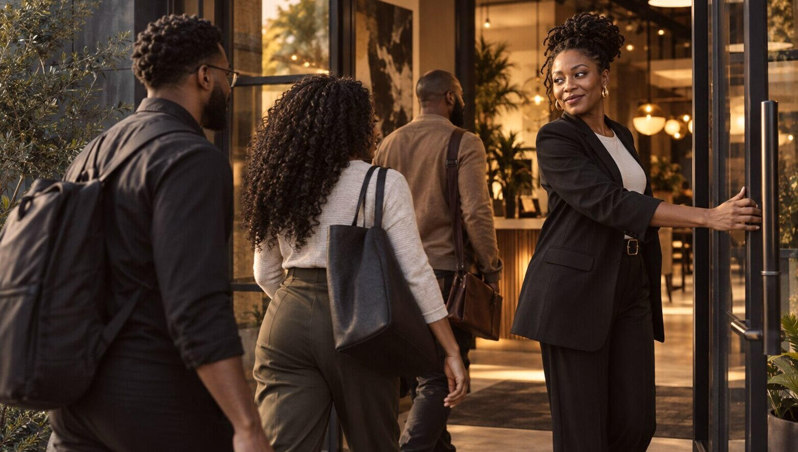 Business owner welcoming employees into the workplace